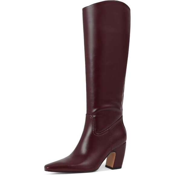 Women Knee High Burgundy Boots Square Toe Chunky Heel Wide Calf Tall Zipper Boot - Picture 3 of 7